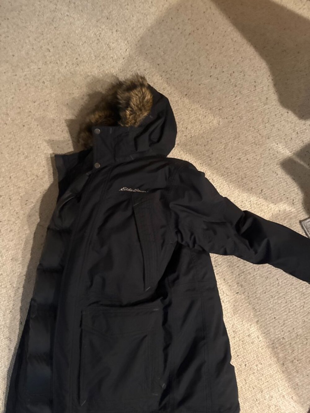 Eddie Bauer Men's Black Down Winter Parka - Size M, Fur Hood